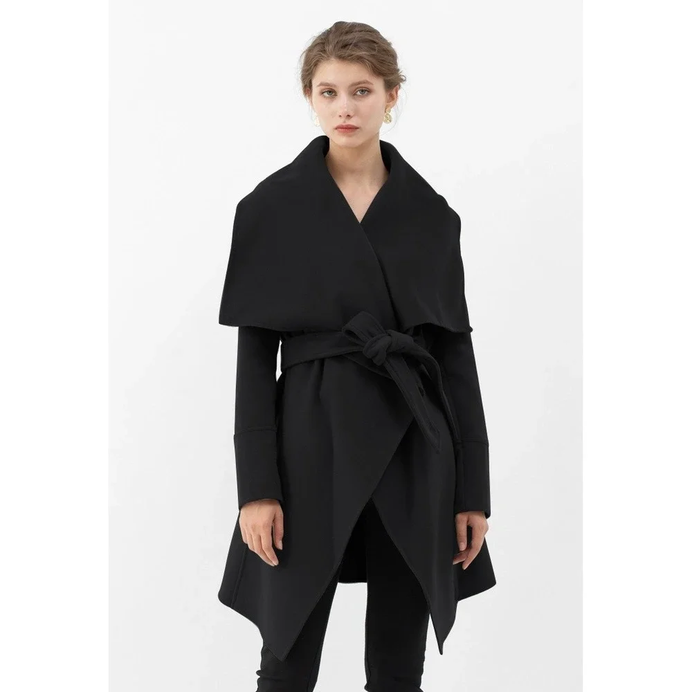 Chicwish Black Wool Blend Shawl Collar Belted Wrap Coat XS - Picture 10 of 11